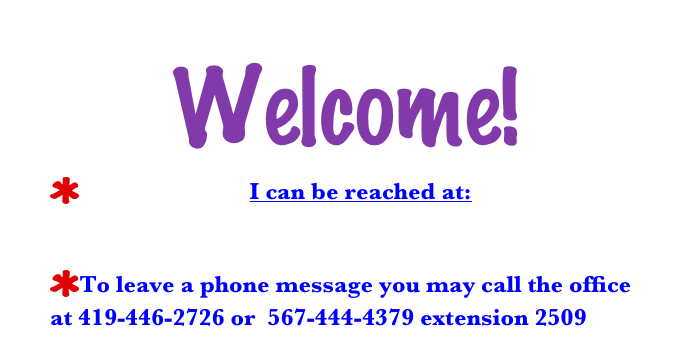 Welcome!
I can be reached at:                                                                                       kwalker@archboldschools.org

To leave a phone message you may call the office at 419-446-2726 or  567-444-4379 extension 2509